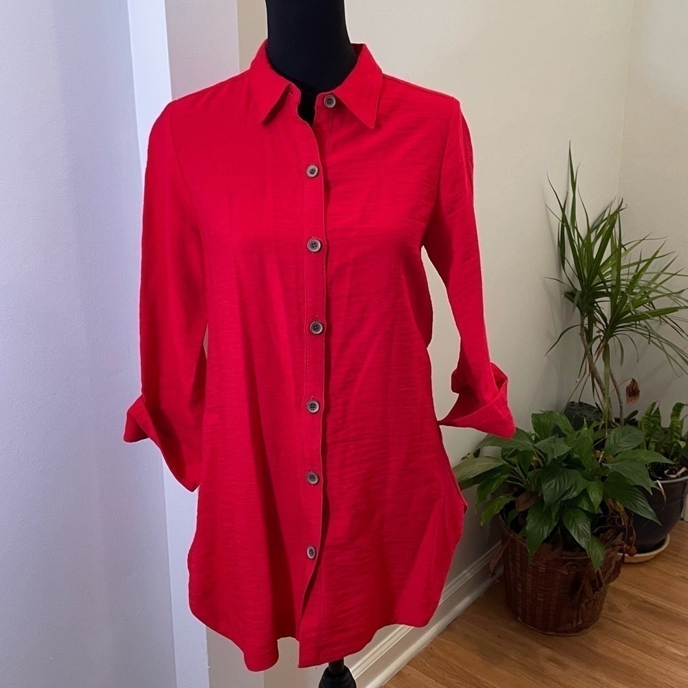 Women’s Boho Chic Red Button Up Collared Blouse, Size S